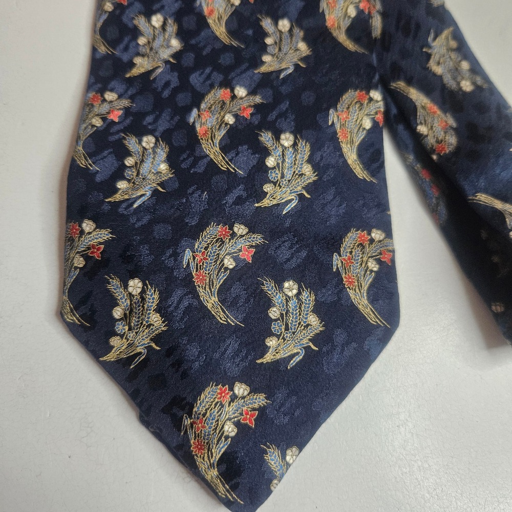 Brioni Roma Silk Tie Navy Blue Wheat Floral Jacquard Hand Made Italy A040223